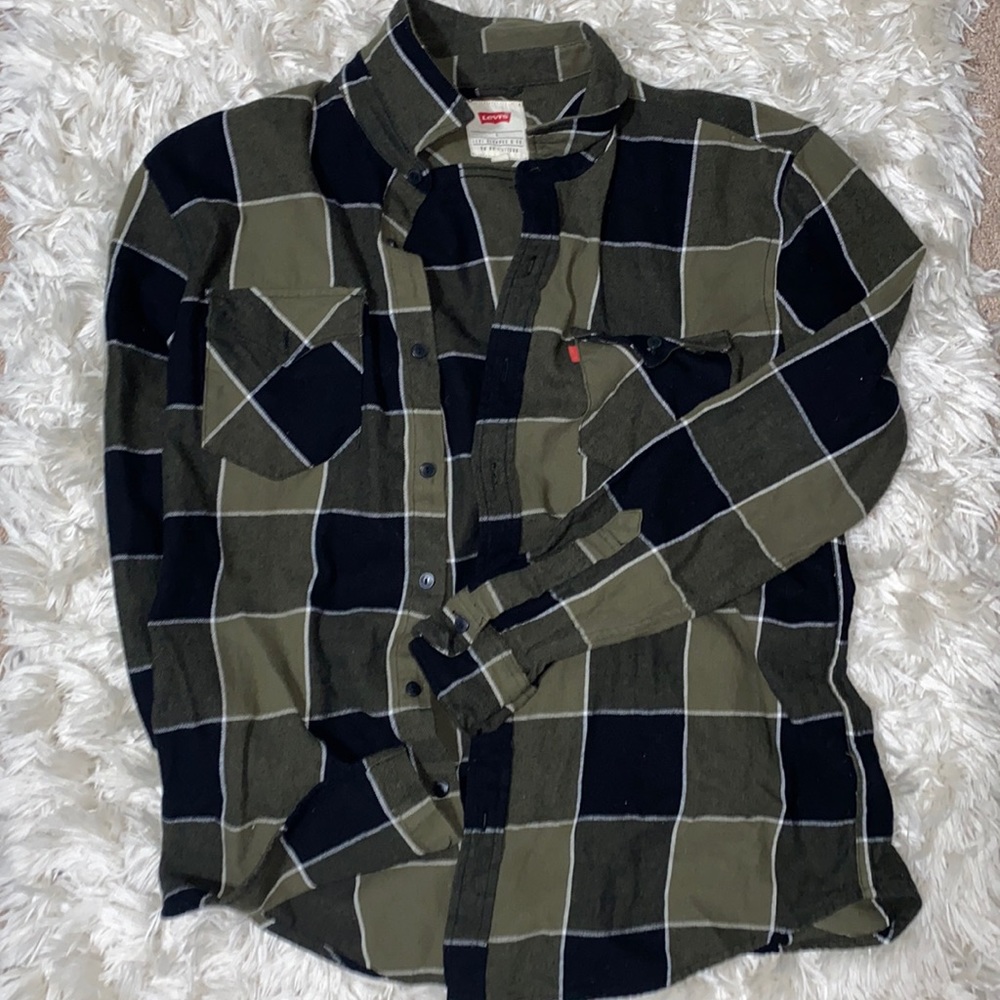 Levis Mens Green/Black Plaid Button Up Flannel